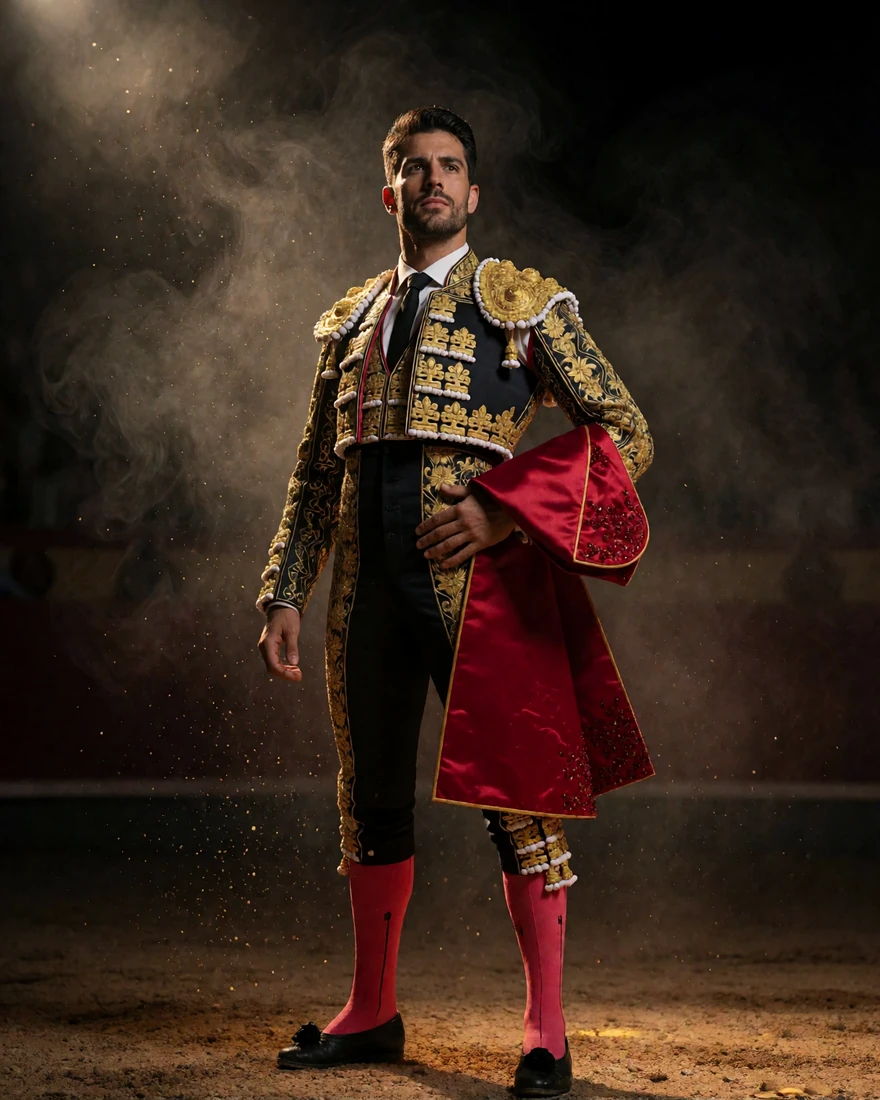 Selbstbewusster Matador im schwarz-goldenen Traje de Luces mit roter Muleta in der dunklen Casina Casino Arena