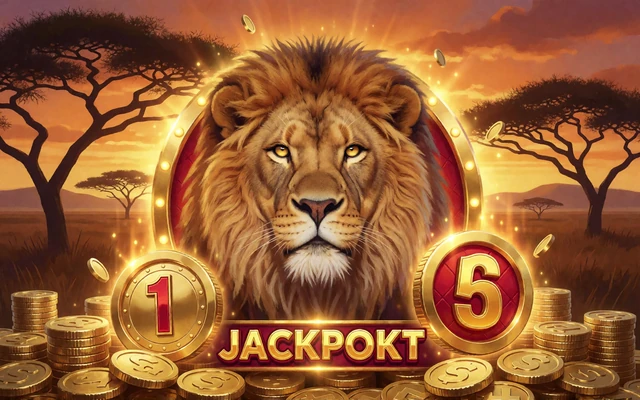 Mega Moolah Jackpot Slot: L&ouml;we vor afrikanischer Savanne mit Goldm&uuml;nzen und Jackpot-Symbolen