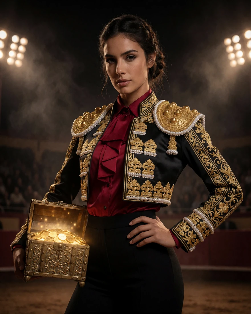 Selbstbewusste Torera in schwarz-goldener Matador-Jacke mit goldener Schatztruhe im Casina Casino Willkommensbonus-Bereich