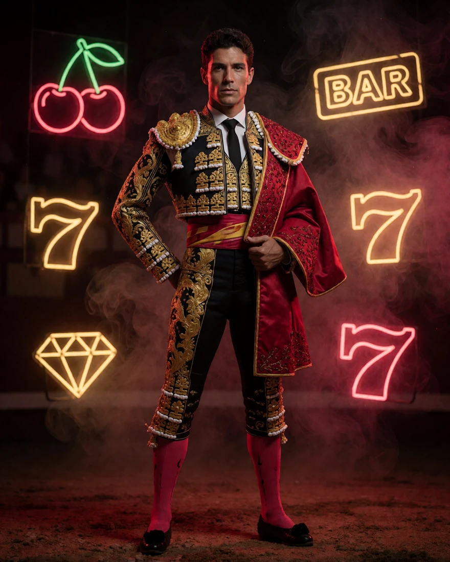 Matador in schwarz-goldener Jacke mit Muleta, umgeben von leuchtenden Neon-Slot-Symbolen in der Casina Arena