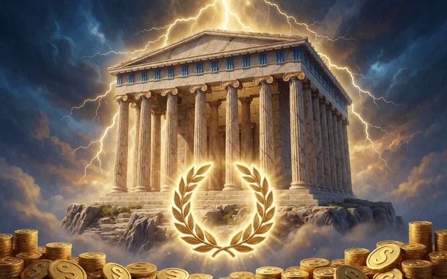 Age of the Gods Jackpot Slot: Marmortempel auf dem Olymp mit goldenen Blitzen und Lorbeerkranz